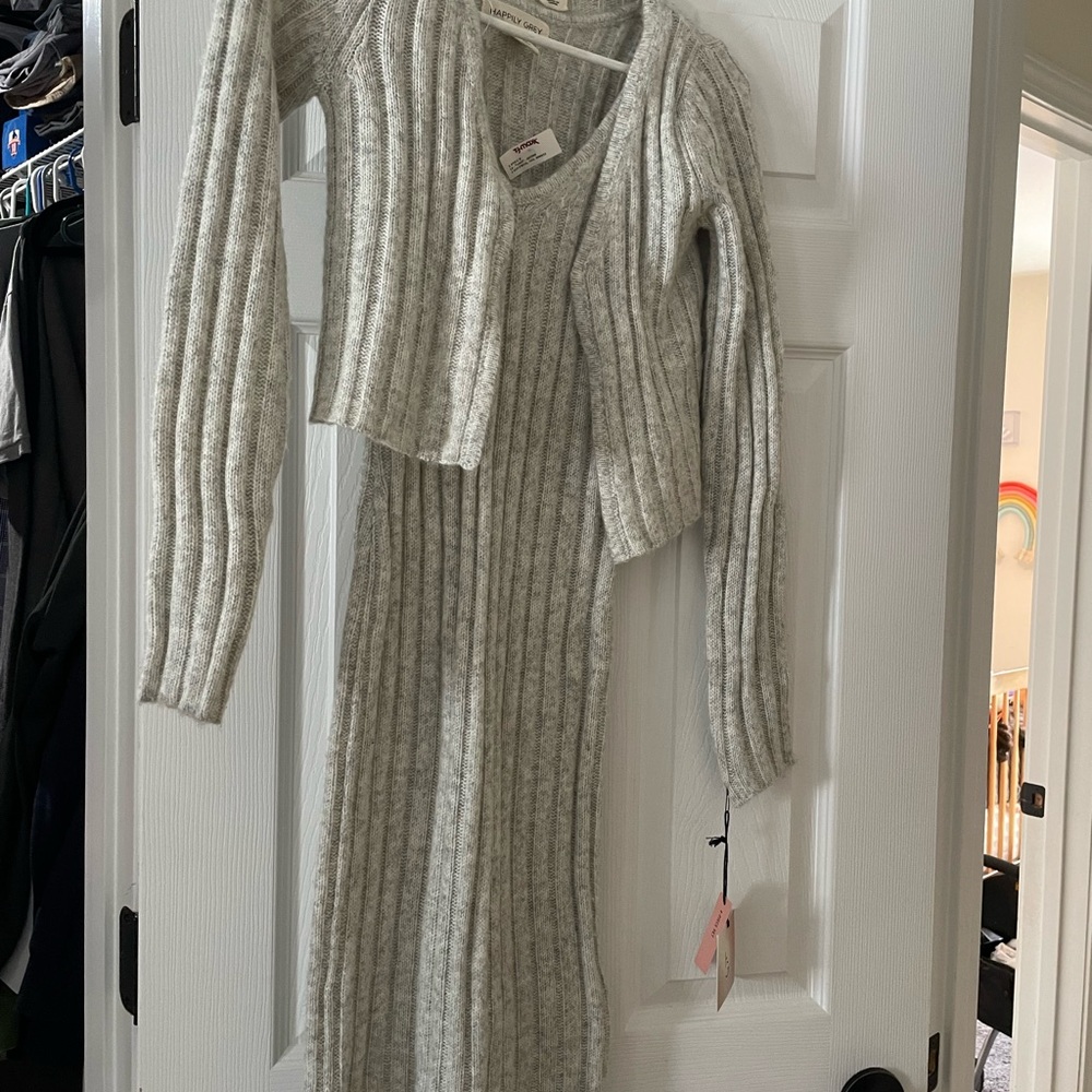Happily Grey Ribbed Knit Dress and Cardigan Set